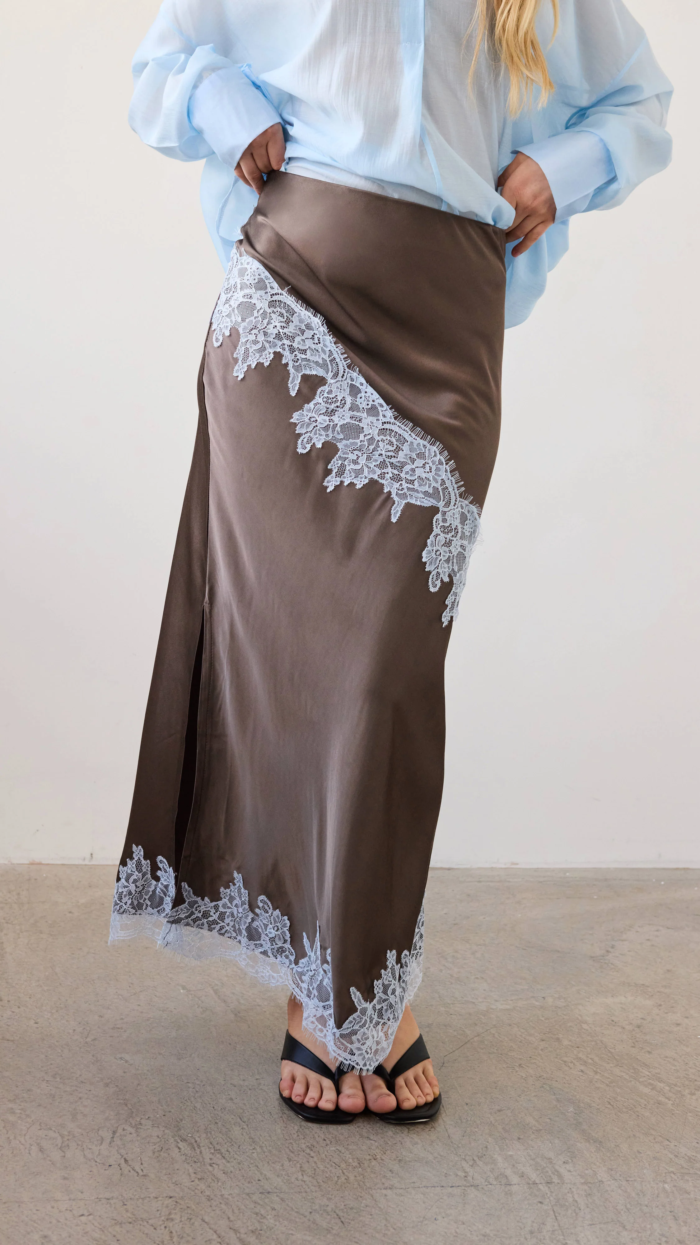 Amara Satin Lace Skirt - Chocolate - Image 12