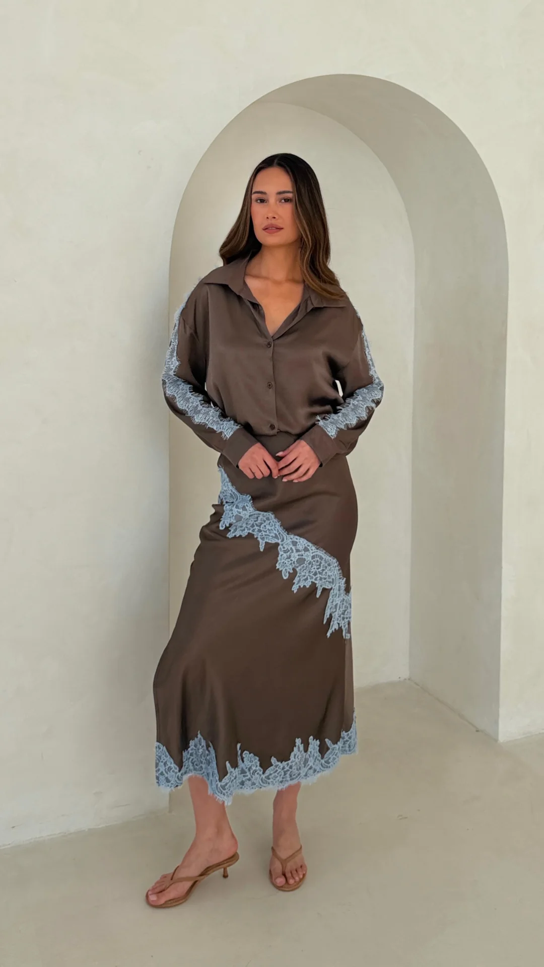 Cosima Satin Lace Shirt  - Chocolate - Image 5
