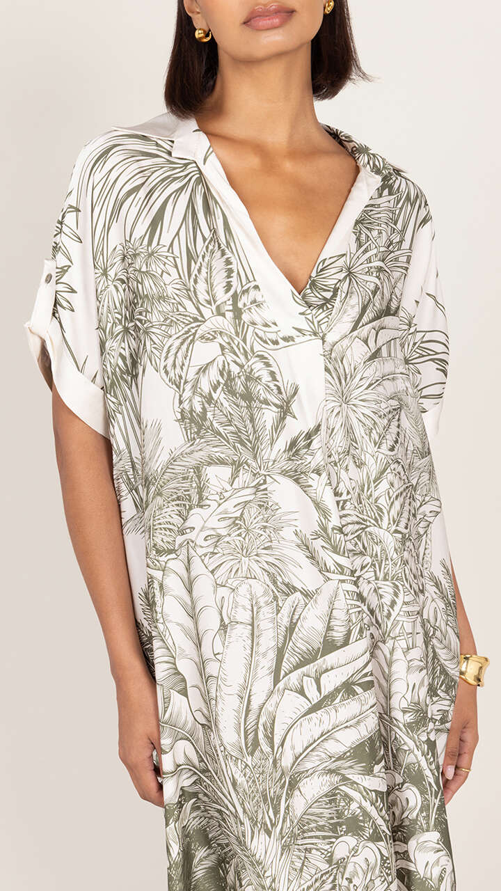 Marina Satin Dress - Khaki Tropical Print - Image 5