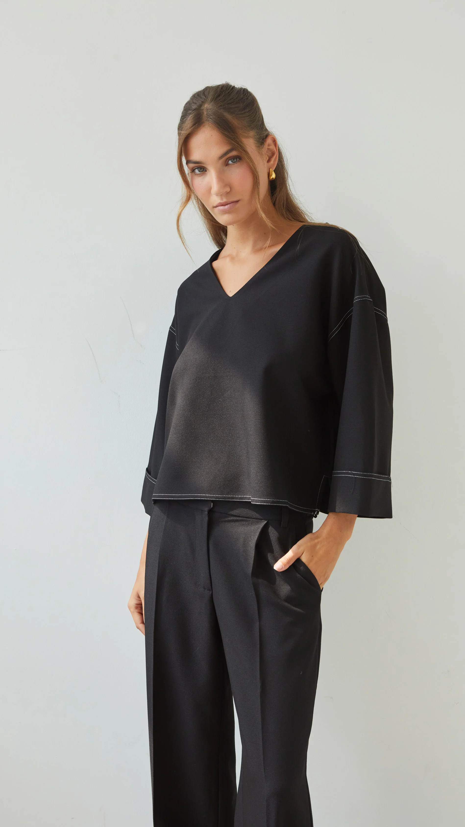Olina V-Neck Crepe Top - Black - Image 6