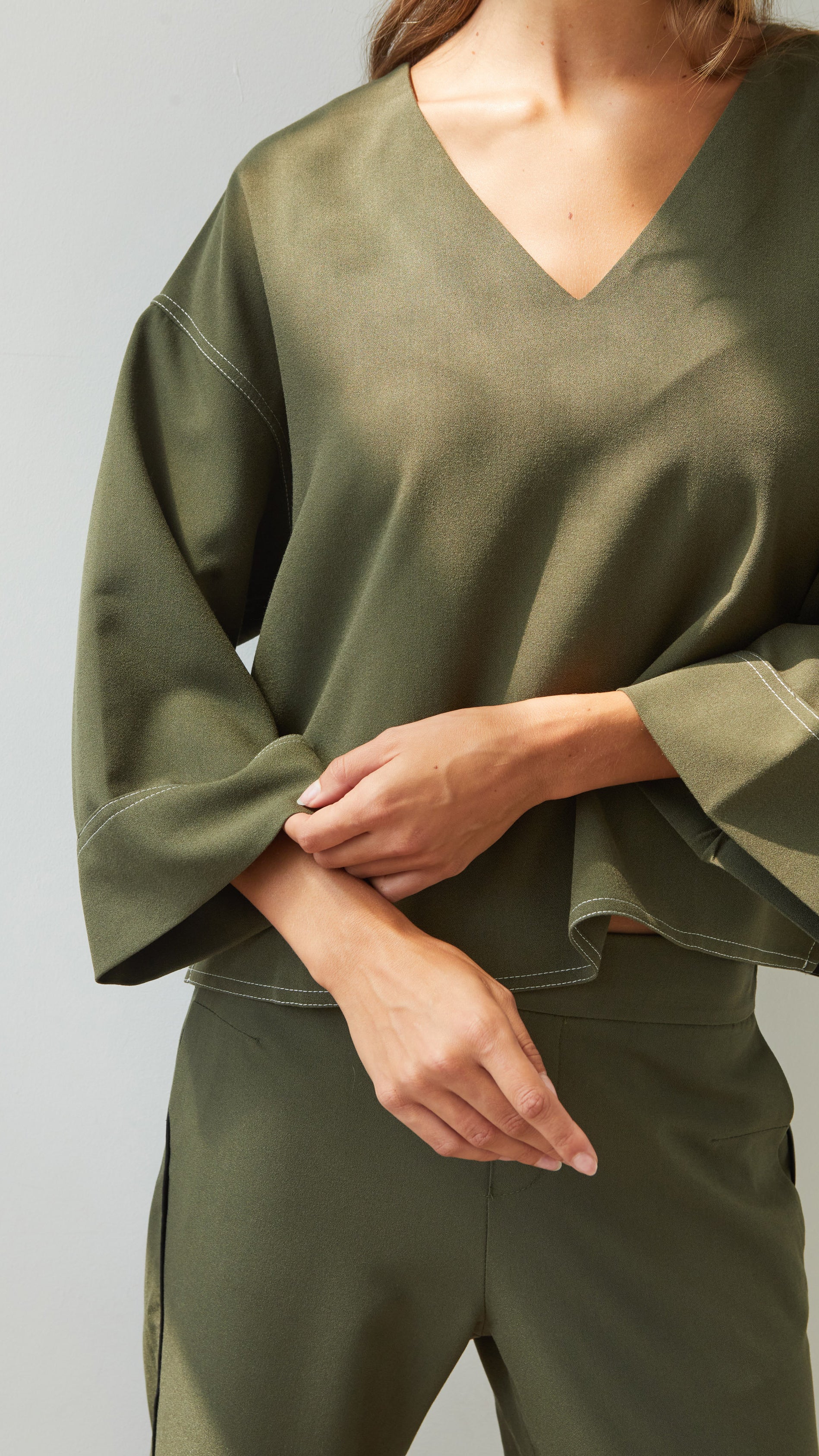 Olina V-Neck Crepe Top  - Khaki - Image 3
