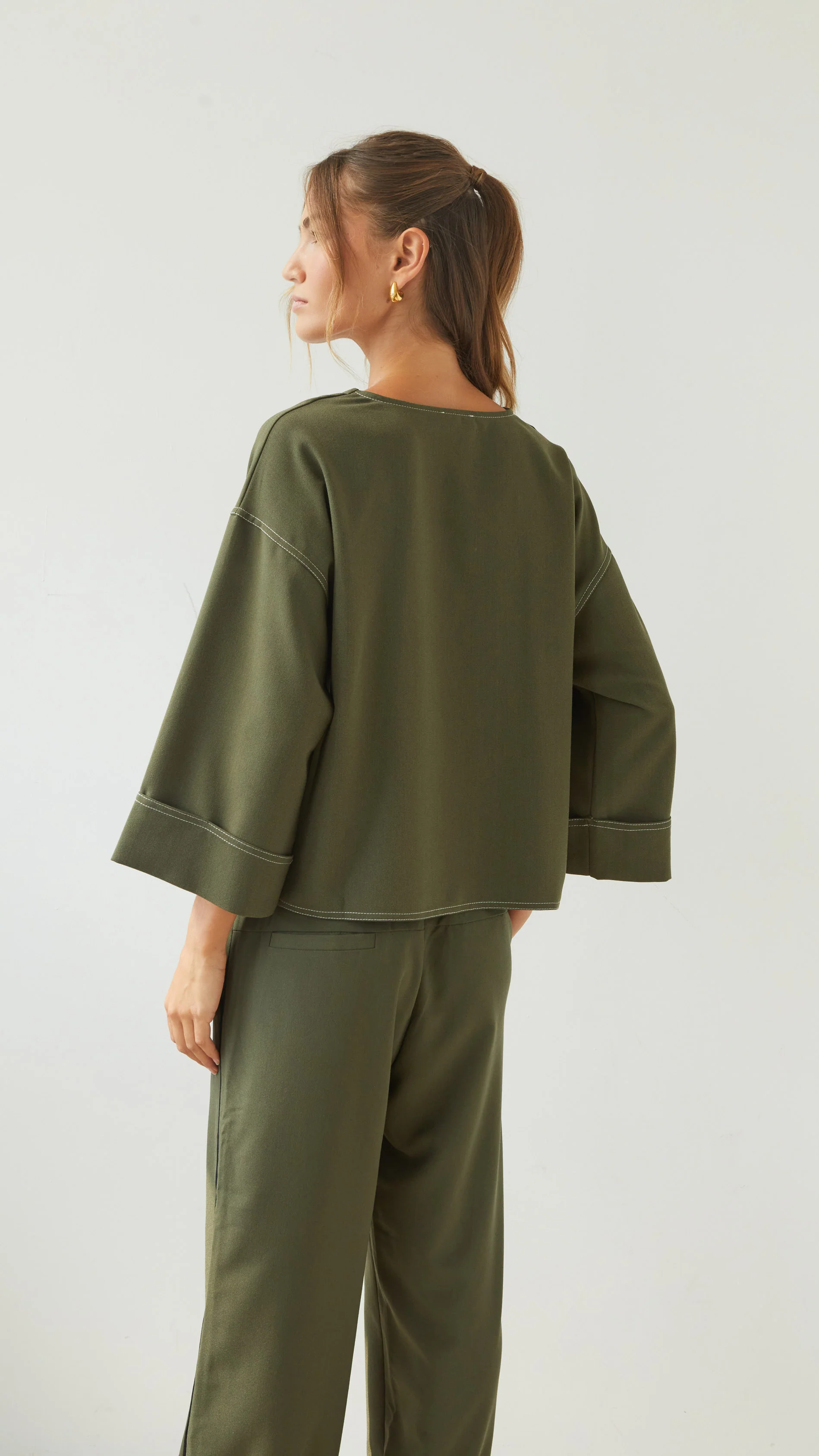 Olina V-Neck Crepe Top  - Khaki - Image 6