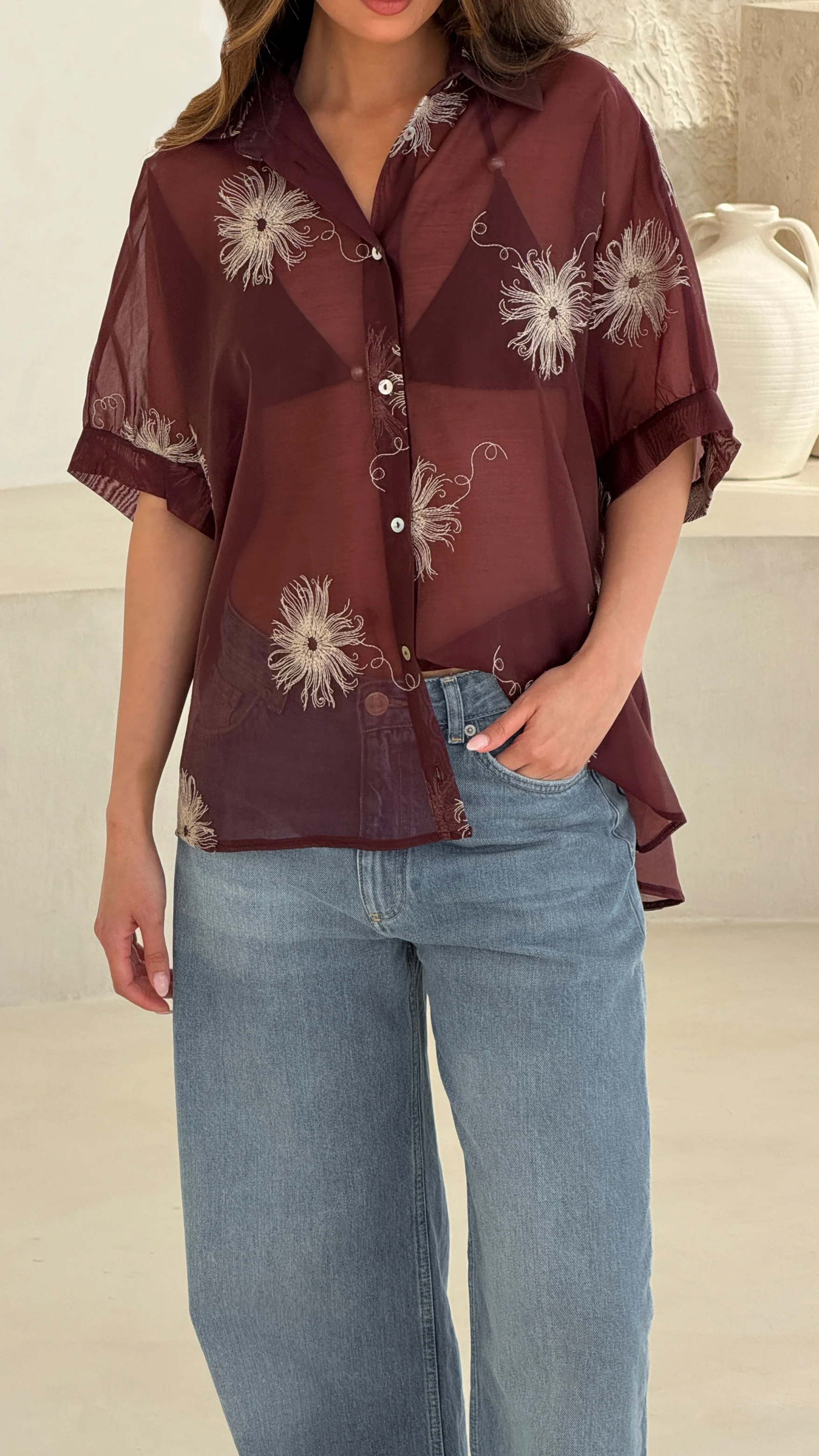 Rosie Embroidered Shirt - Burgundy - Image 15