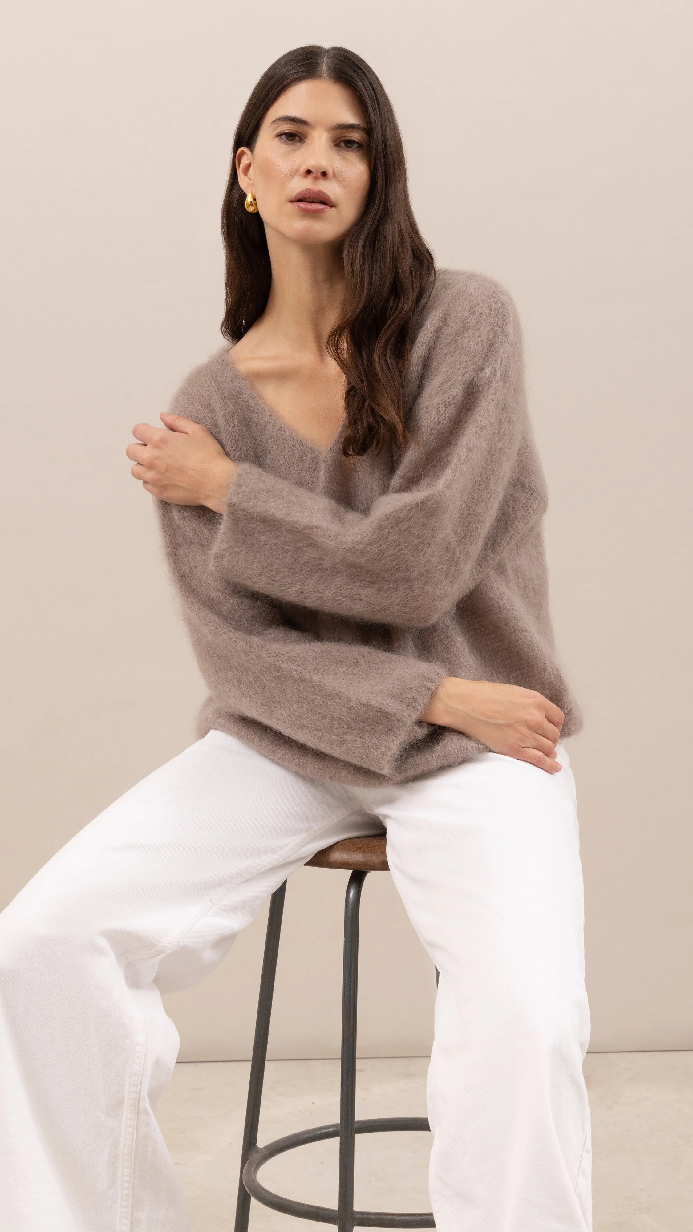Tess Mohair V-Neck Sweater - Taupe - Image 5