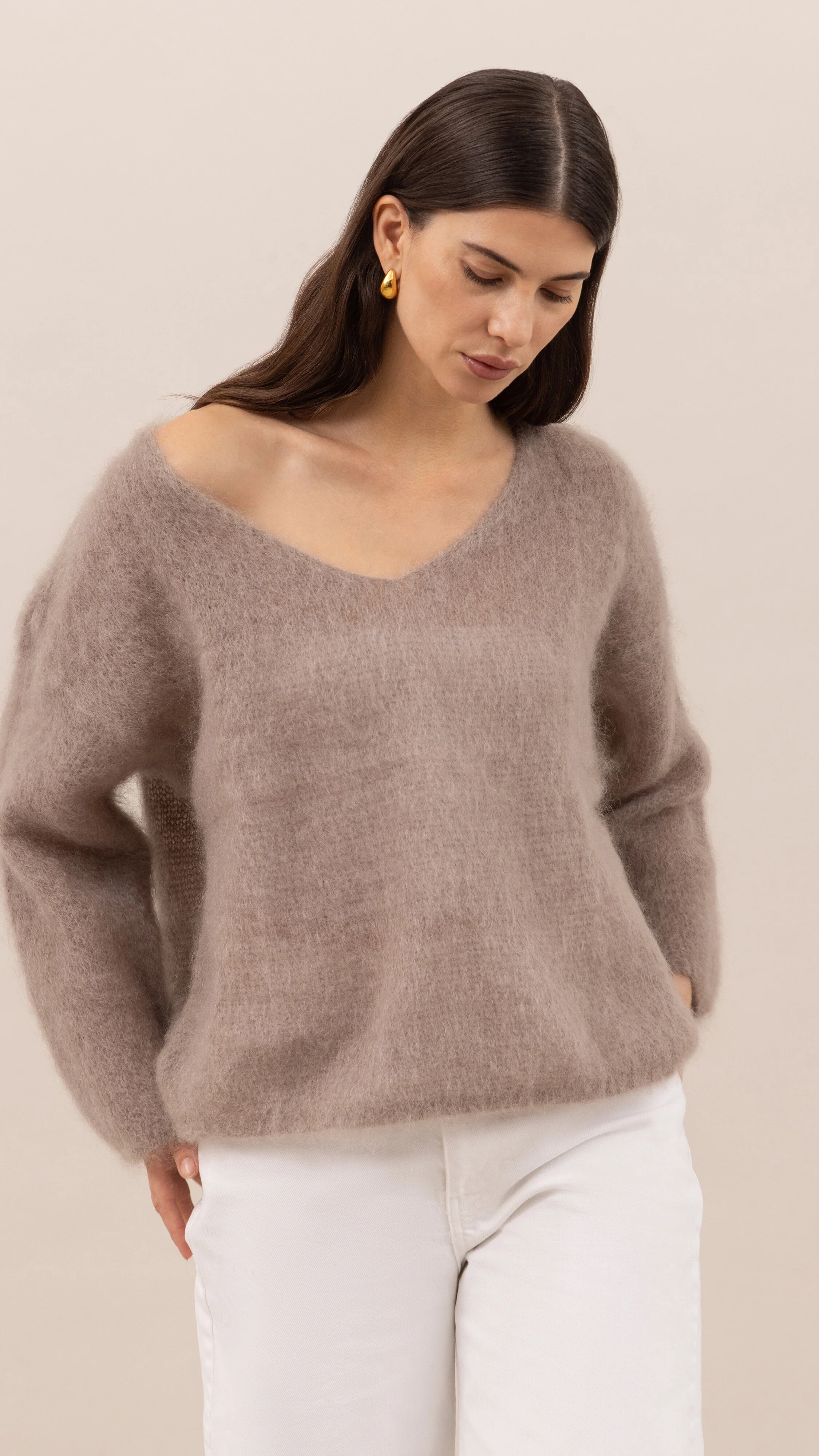Tess Mohair V-Neck Sweater - Taupe - Image 8