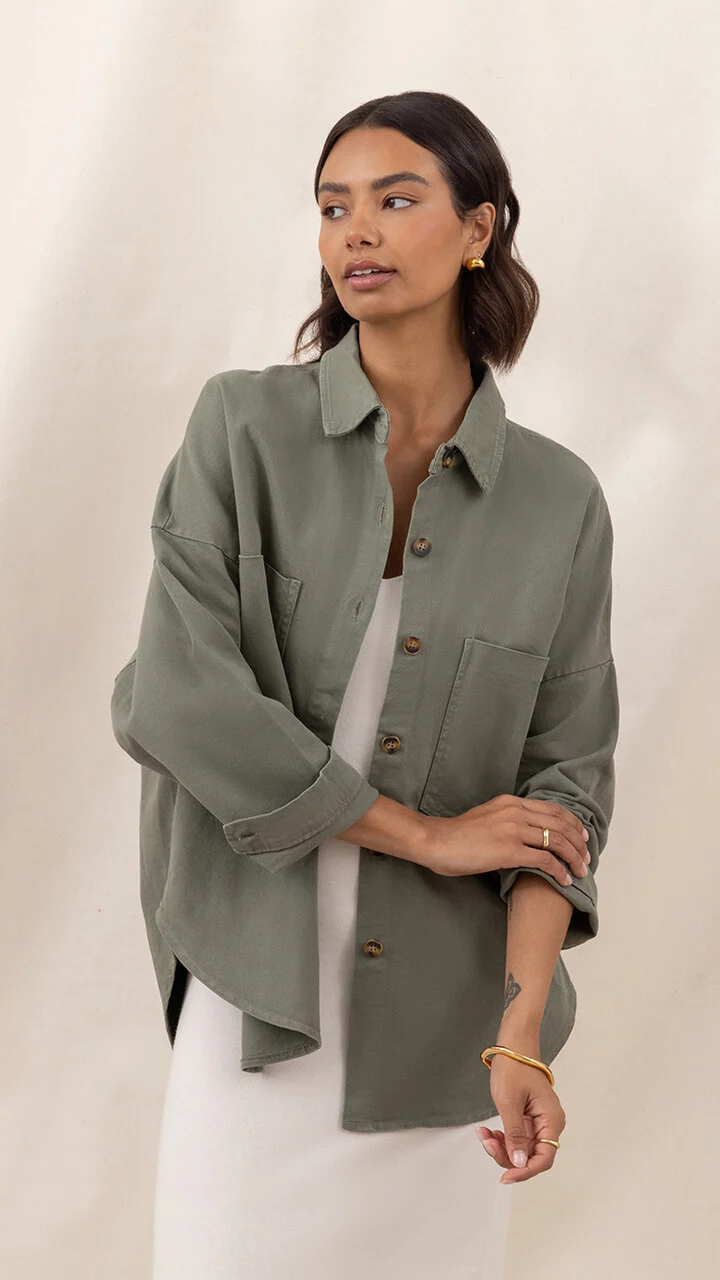 Wyatt Cotton Twill Overshirt - Khaki - Image 5